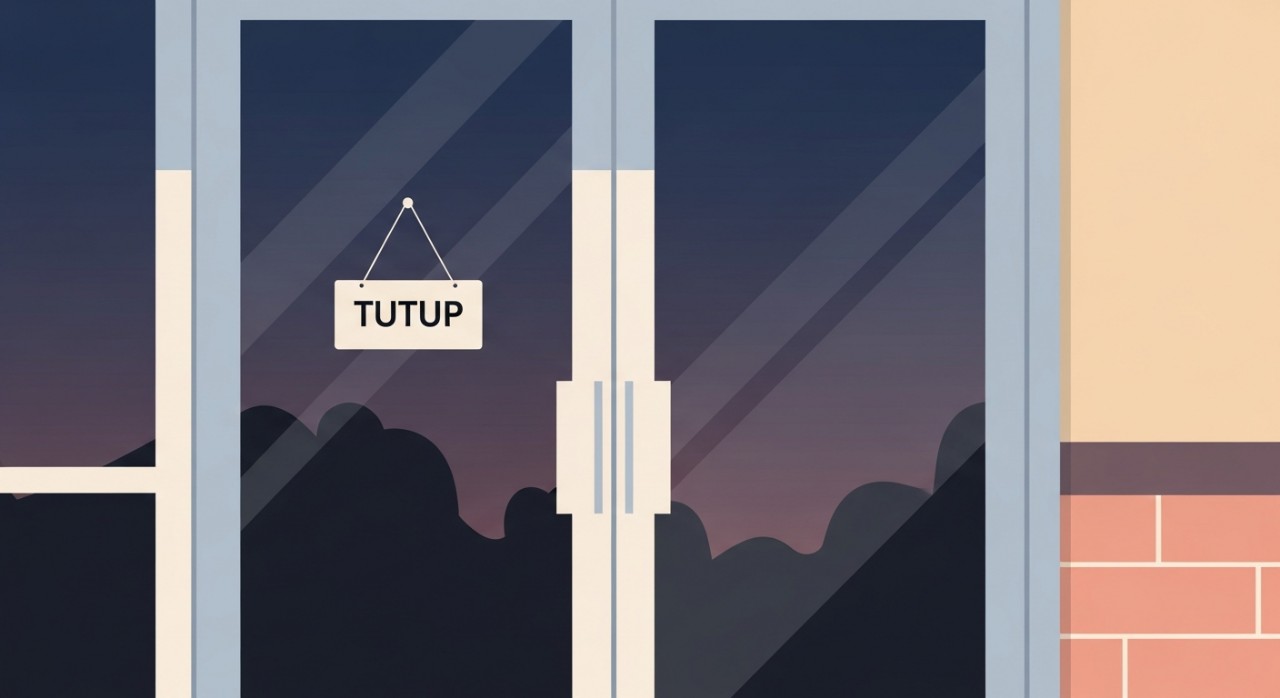 Pintu masuk utama klinik kesihatan yang tertutup dengan papan tanda 'Tutup' ringkas tergantung di pegangan pintu.