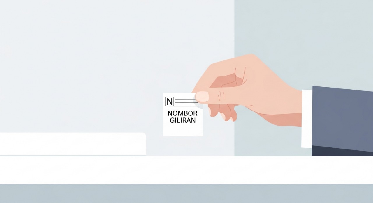 Sekeping slip nombor giliran yang sedang dipegang oleh pesakit di kaunter pendaftaran.