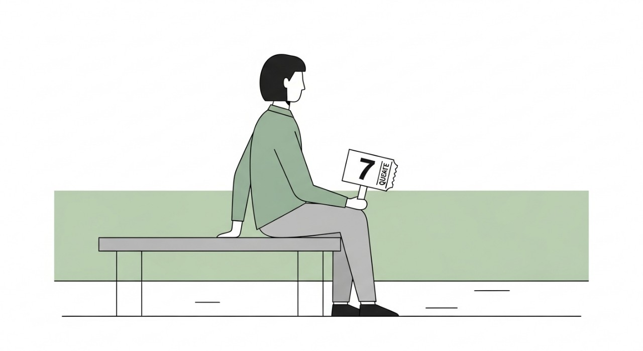 Seorang individu sedang menunggu giliran di ruang menunggu klinik kesihatan dengan tiket nombor.