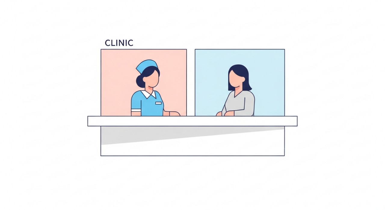 Seorang jururawat sedang membantu proses pendaftaran pesakit di kaunter klinik.