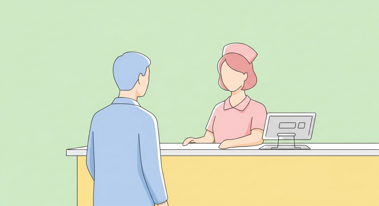 Seorang jururawat sedang membantu pesakit membuat pendaftaran di kaunter utama