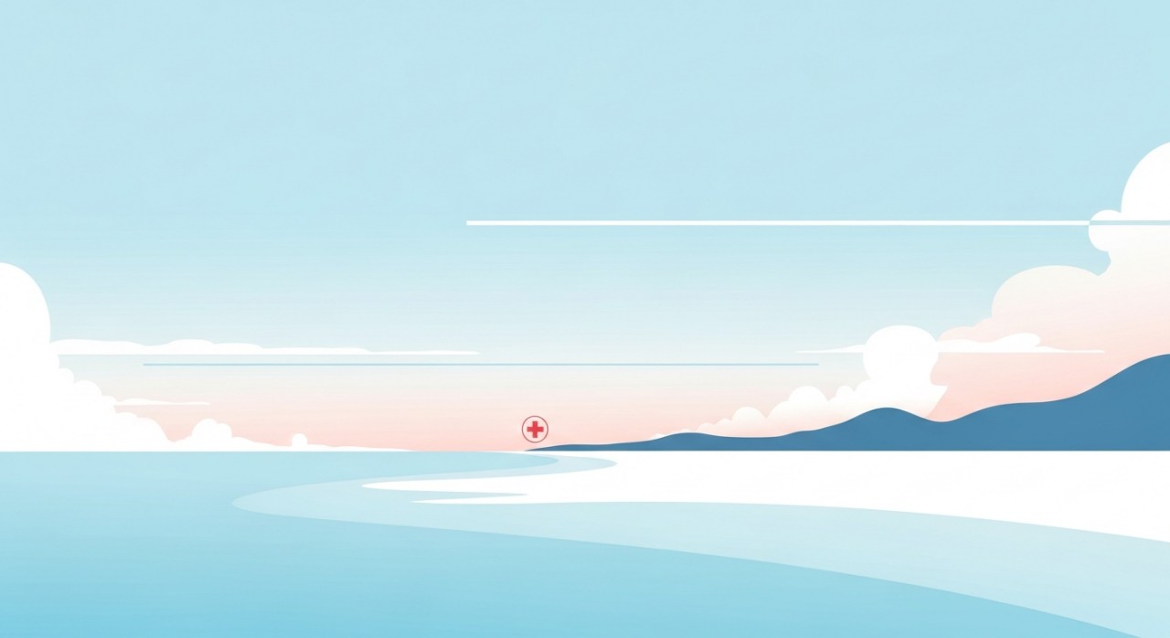 Pemandangan pantai Pulau Tioman yang tenang dengan siluet pokok kelapa dan laut biru jernih.