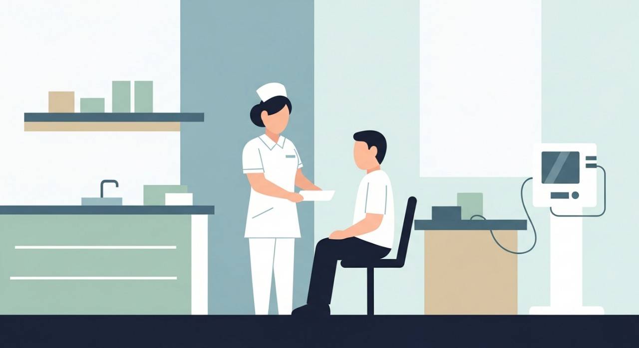 Seorang jururawat sedang memberikan rawatan ringkas kepada seorang pesakit di dalam bilik pemeriksaan.