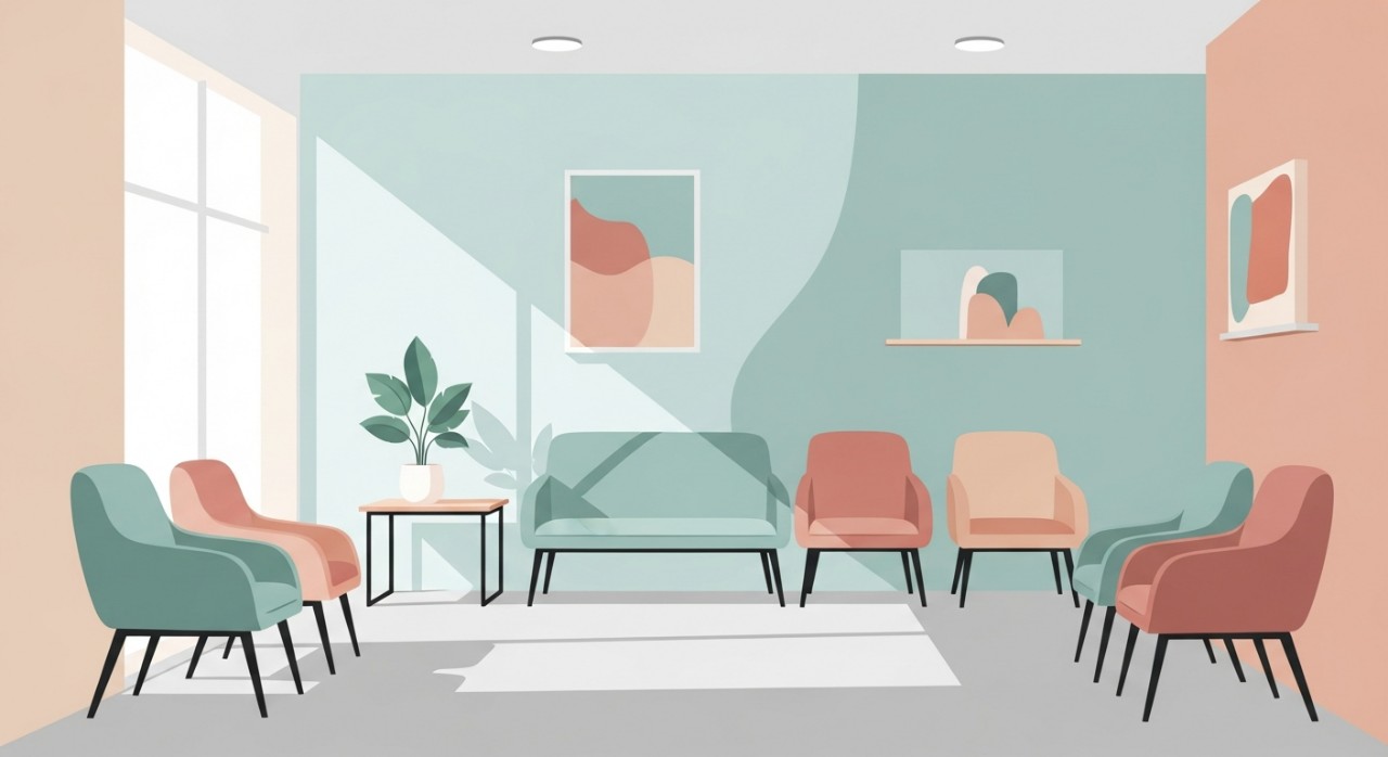 Ruang menunggu klinik yang kosong dengan kerusi minimalis dan meja kecil.