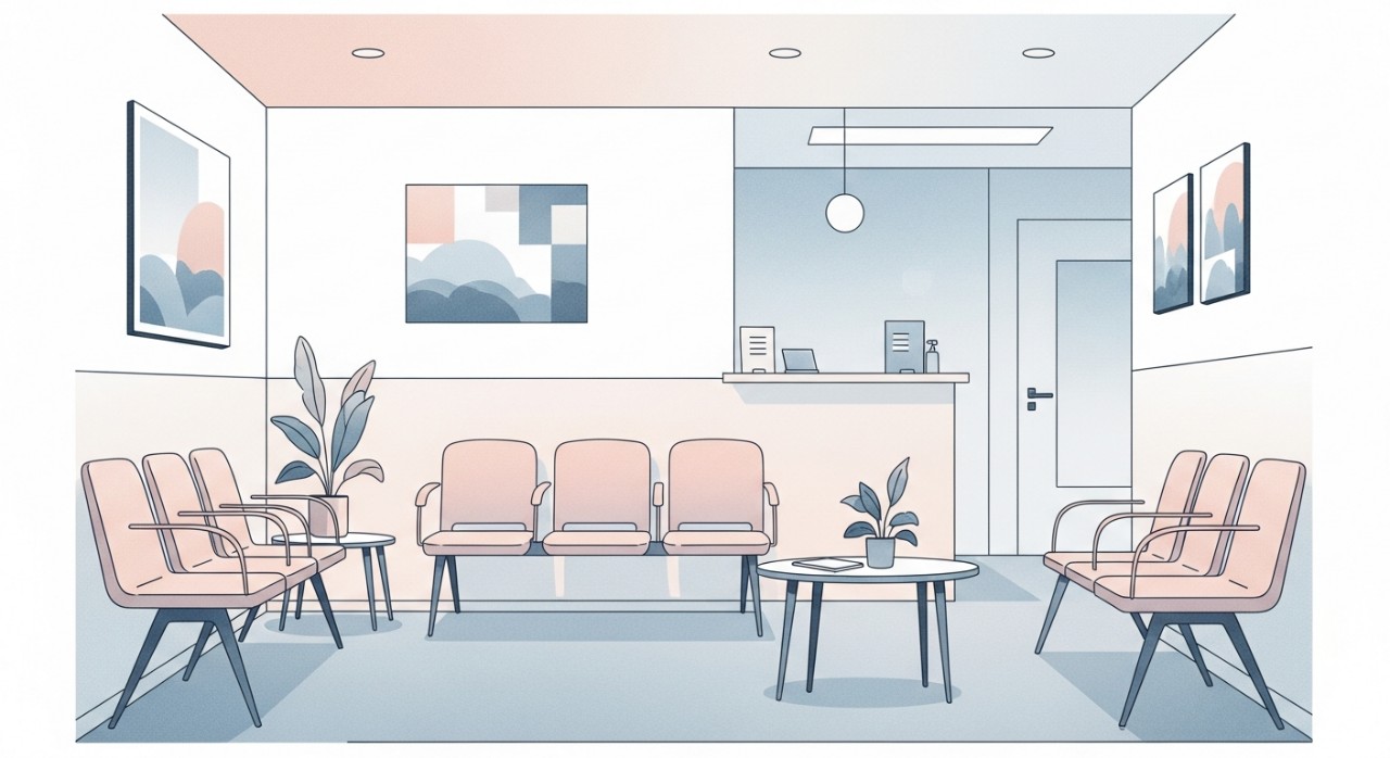 Ruang menunggu klinik yang bersih dan selesa dengan beberapa kerusi disusun rapi dan hiasan dinding yang minimal.