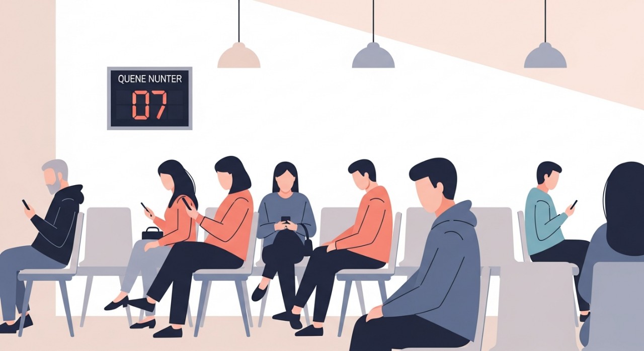 Beberapa orang sedang duduk menunggu giliran untuk mendapatkan rawatan di ruang menunggu klinik.