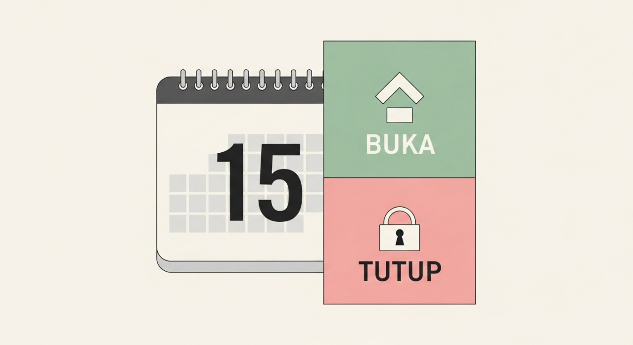 Masa Operasi Klinik Kesihatan Pasir Puteh 2026 & Jadual Terkini 2 Simbol kalendar yang ditandakan dengan ikon 'Buka' dan 'Tutup' yang mewakili jadual perkhidmatan.