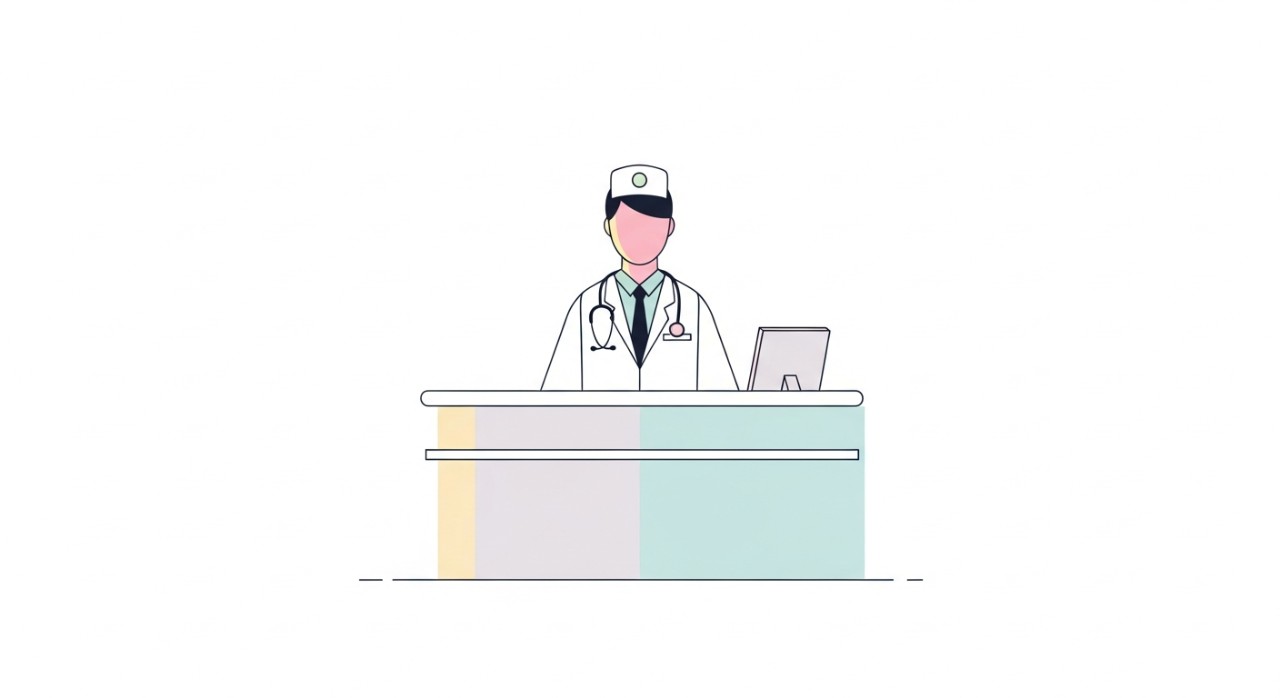 Seorang doktor atau jururawat berdiri di belakang kaunter penerimaan yang bersih, bersedia menyambut pesakit.