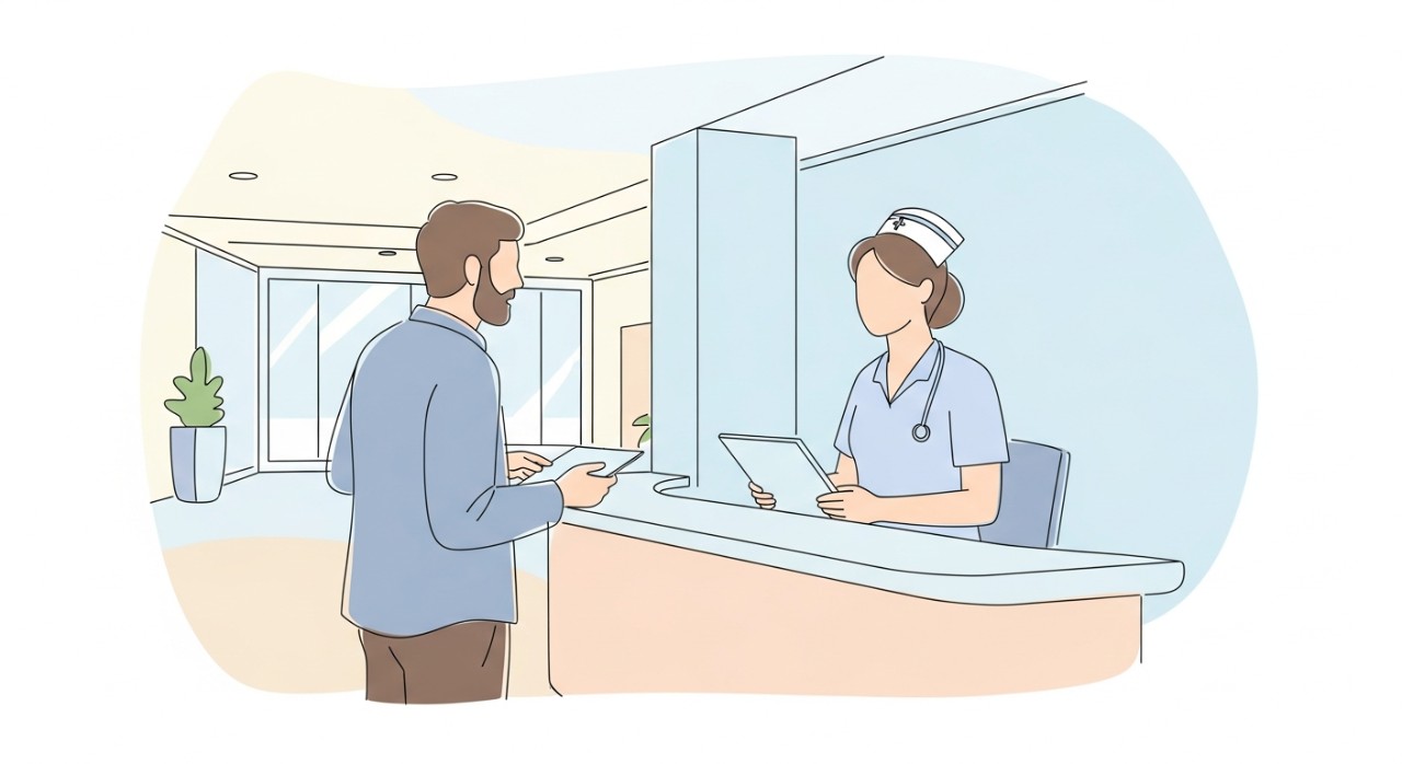 Seorang pelawat sedang bercakap dengan jururawat di kaunter informasi hospital untuk mendapatkan maklumat lanjut.