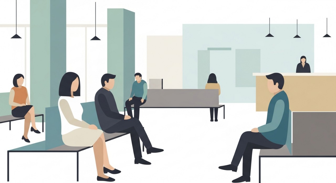 Beberapa orang sedang duduk menunggu giliran di lobi klinik.