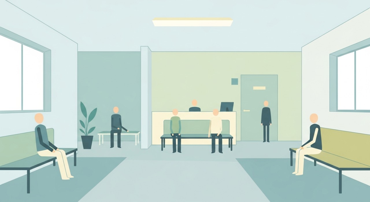 Beberapa orang sedang duduk di bangku sambil menunggu giliran di ruang menunggu klinik.