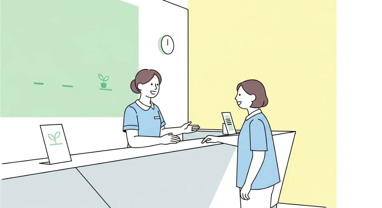 Seorang jururawat yang tersenyum sedang menyambut kedatangan pesakit di kaunter pendaftaran klinik kesihatan.