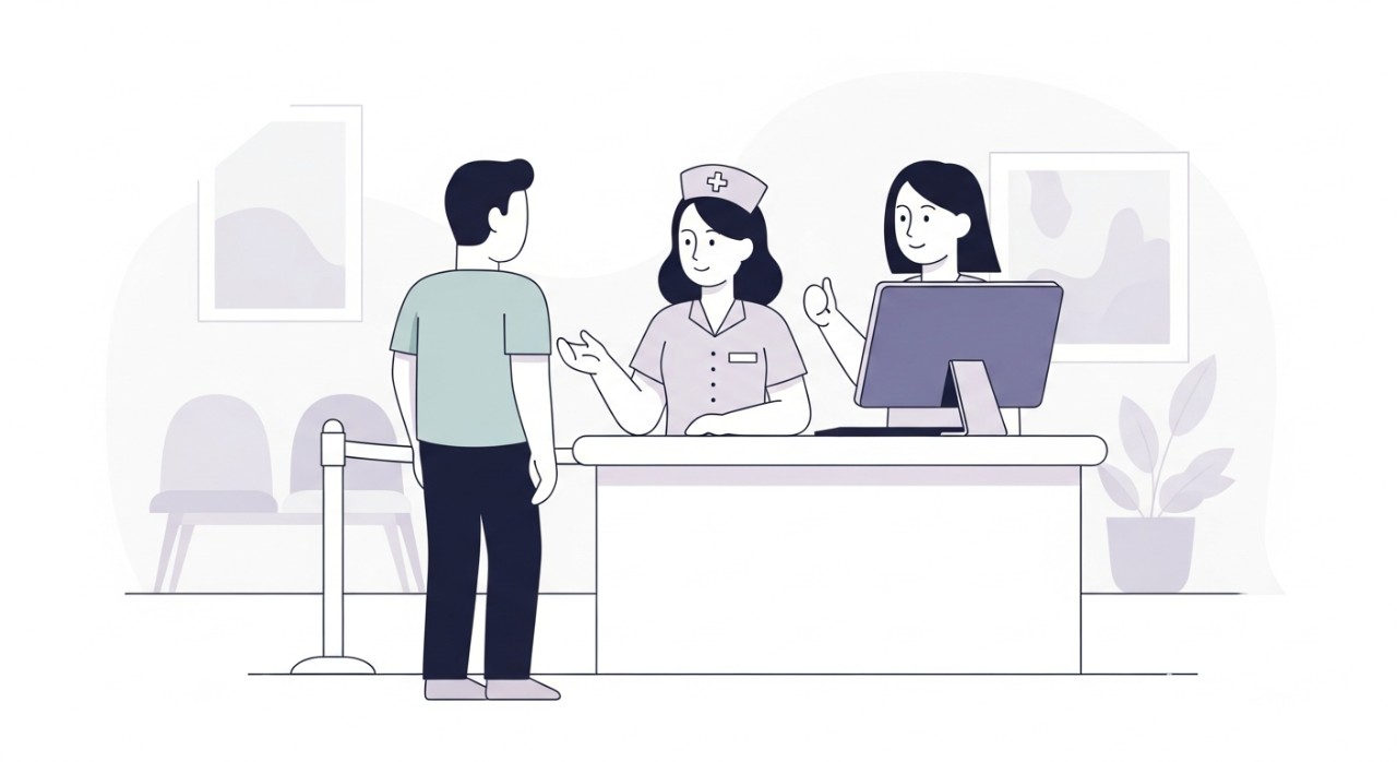 Seorang jururawat sedang berinteraksi dengan beberapa pesakit di kaunter pendaftaran hospital.