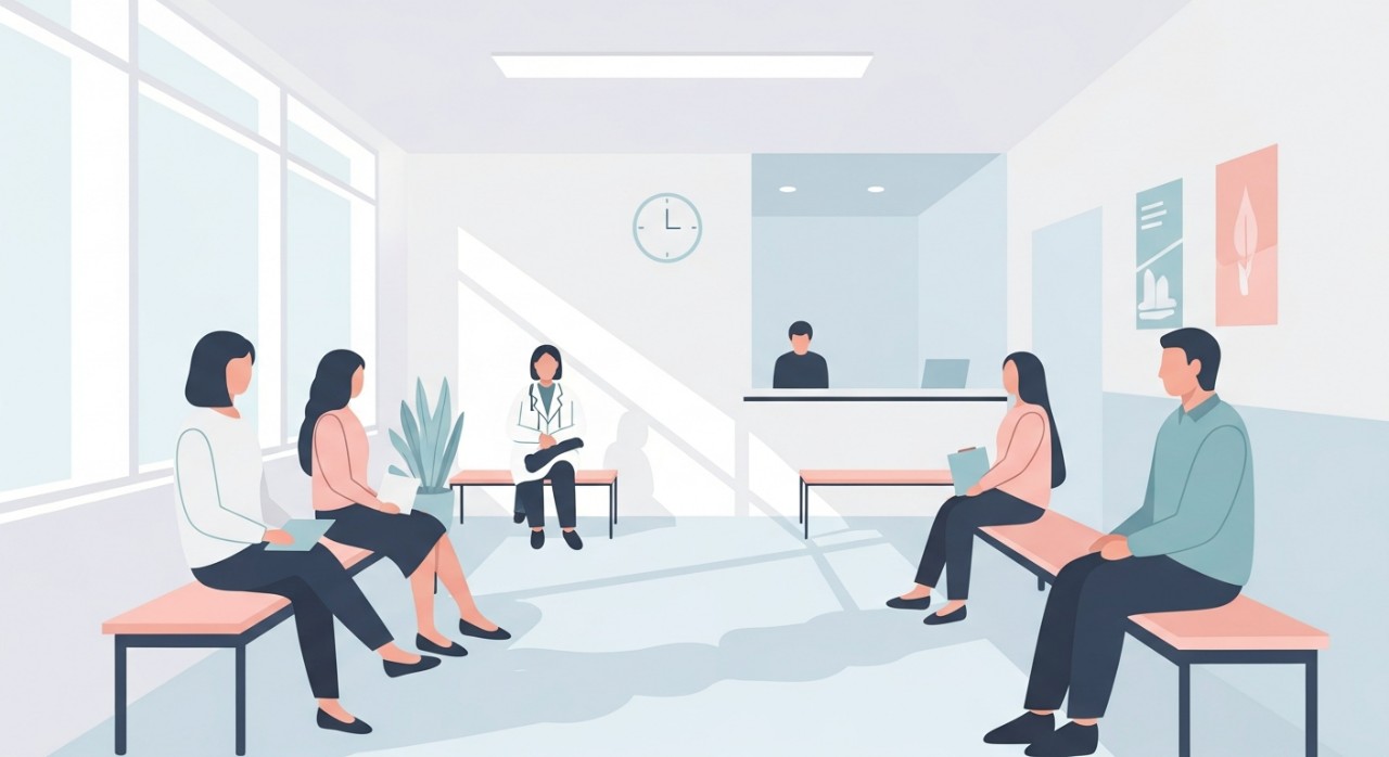 Beberapa orang pesakit sedang menunggu giliran di ruang menunggu Klinik Kesihatan yang bersih.