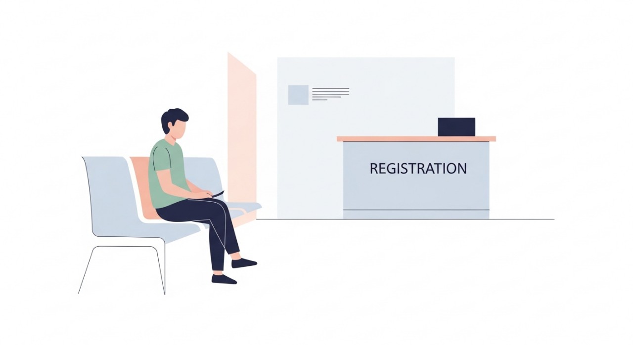 Seseorang sedang duduk sabar menunggu nombor giliran di kaunter pendaftaran klinik.