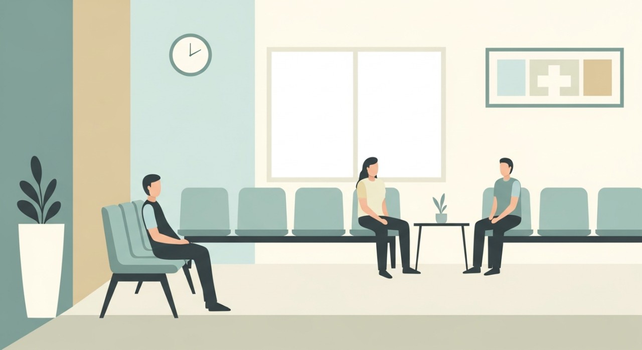 Beberapa pelawat duduk dengan tenang di kerusi ruang menunggu pusat perubatan yang moden.