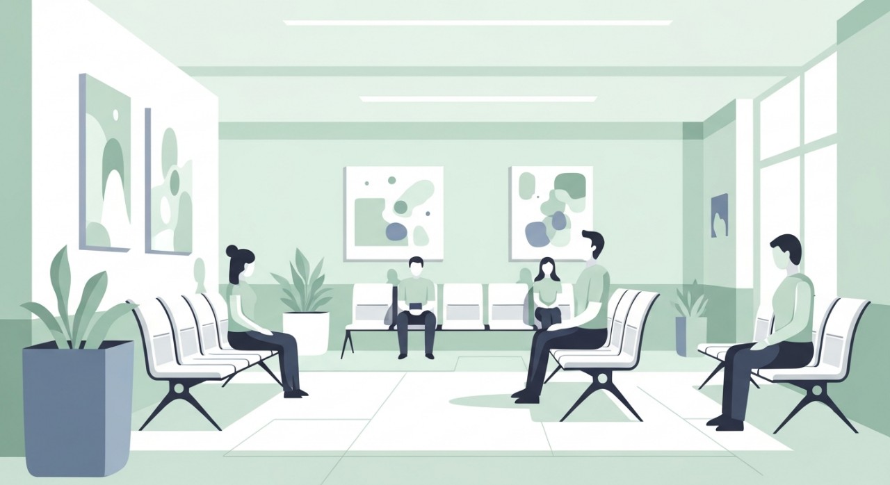 Beberapa orang sedang duduk di kerusi sambil menunggu giliran di ruang menunggu klinik.