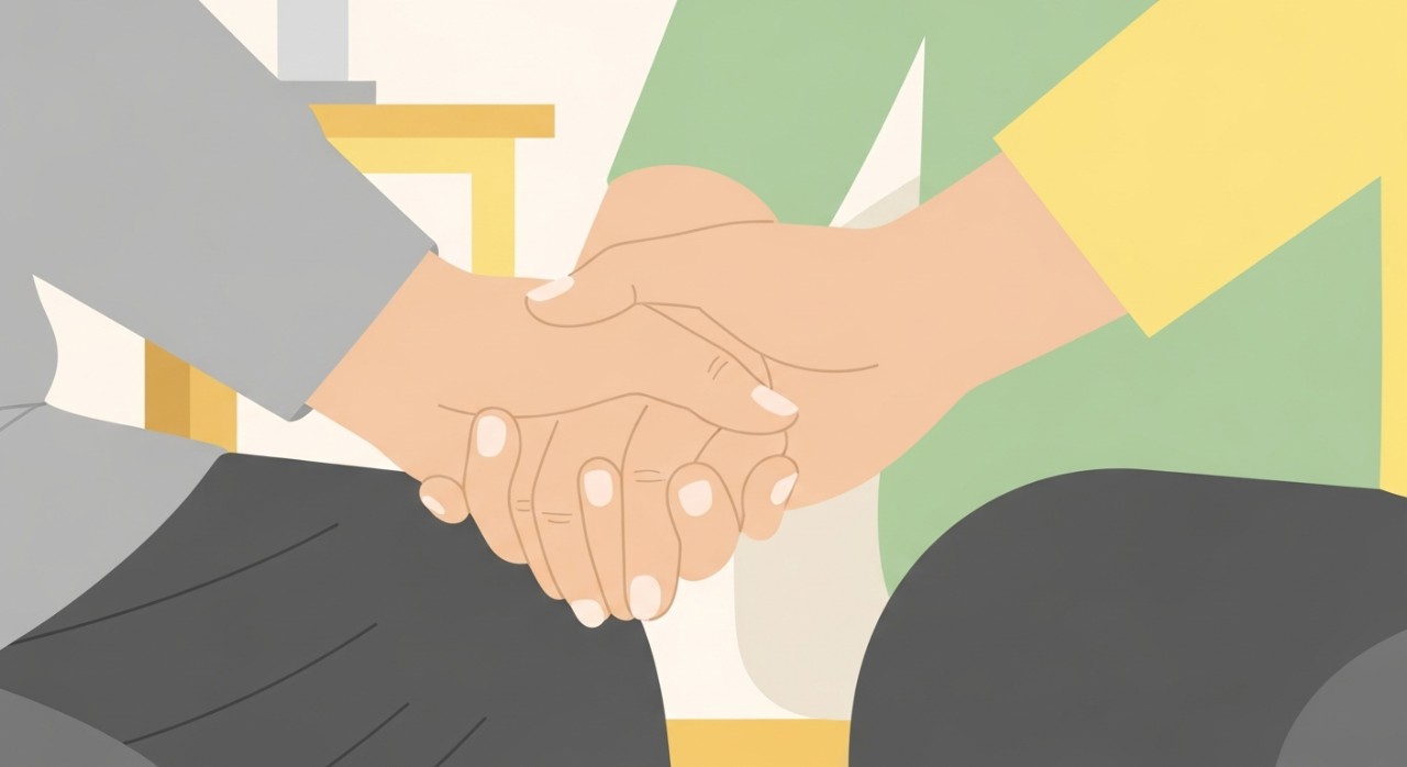 Dua tangan berpegangan erat, menunjukkan hubungan kasih sayang dan sokongan antara pengunjung dan penghuni.