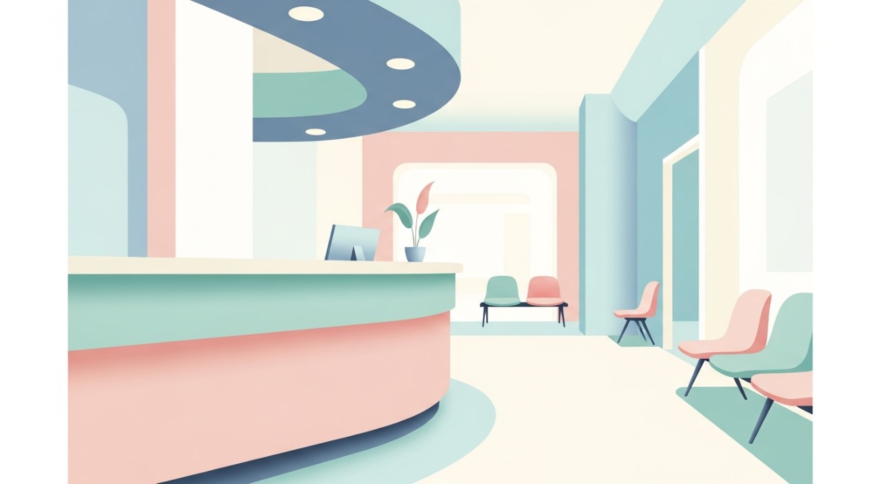 Ruang menunggu yang bersih dan minimalis di dalam kawasan klinik dengan beberapa kerusi.