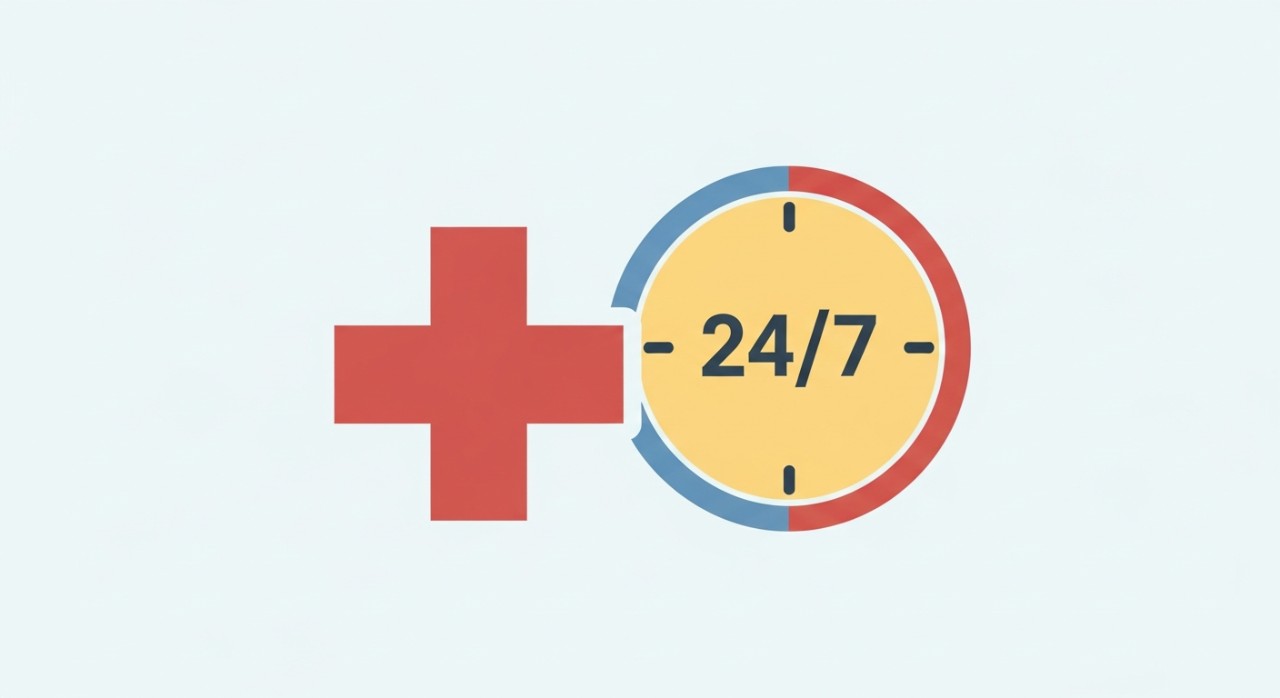 Simbol ringkas bagi unit kecemasan hospital dengan tanda palang merah dan nombor 24/7.