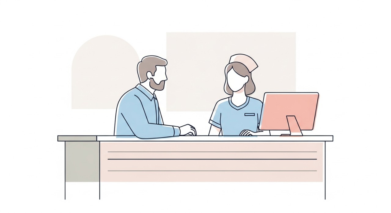 Seorang jururawat sedang membantu proses pendaftaran pesakit di kaunter klinik.