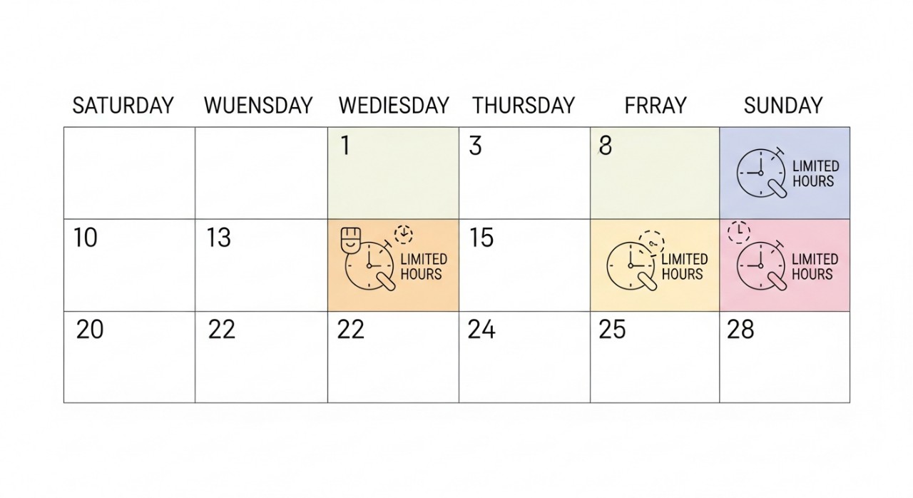 Kalendar yang menandakan hari Sabtu dan Ahad dengan catatan waktu operasi yang berbeza.