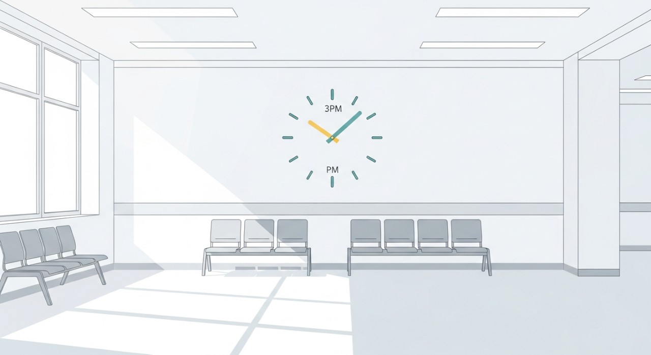 Jadual Masa Melawat Pusat Pakar Rajindar Singh 2026 1 Jam dinding minimalis menunjukkan waktu melawat bermula di ruang menunggu pusat pakar.
