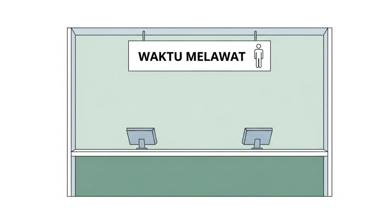 Ilustrasi kaunter pertanyaan hospital yang menunjukkan informasi waktu melawat pesakit.