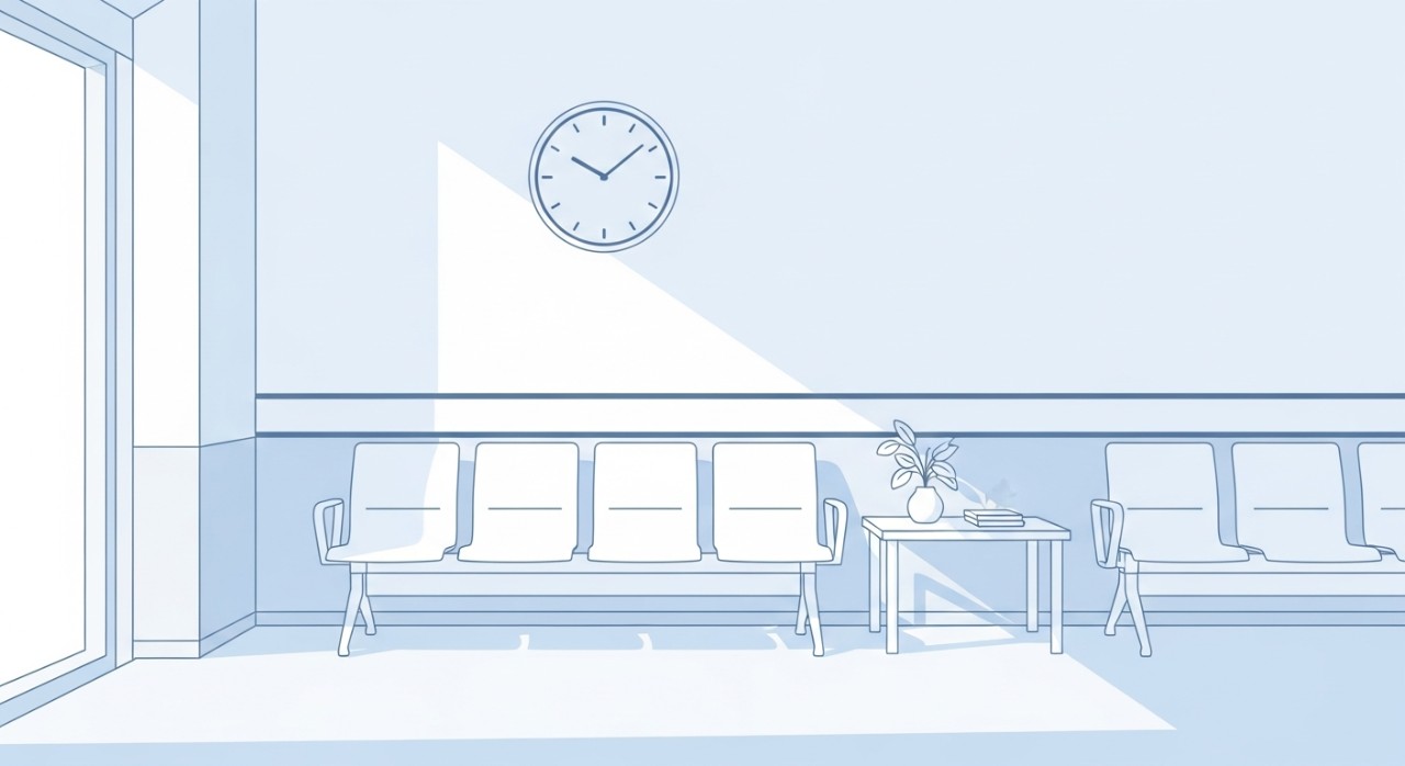 Ruang menunggu pesakit di dalam hospital yang tenang dengan beberapa kerusi dan jam dinding.