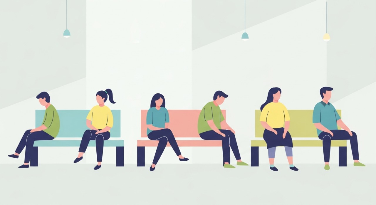 Beberapa orang sedang duduk di bangku panjang di ruang menunggu hospital yang bersih dan tenang.