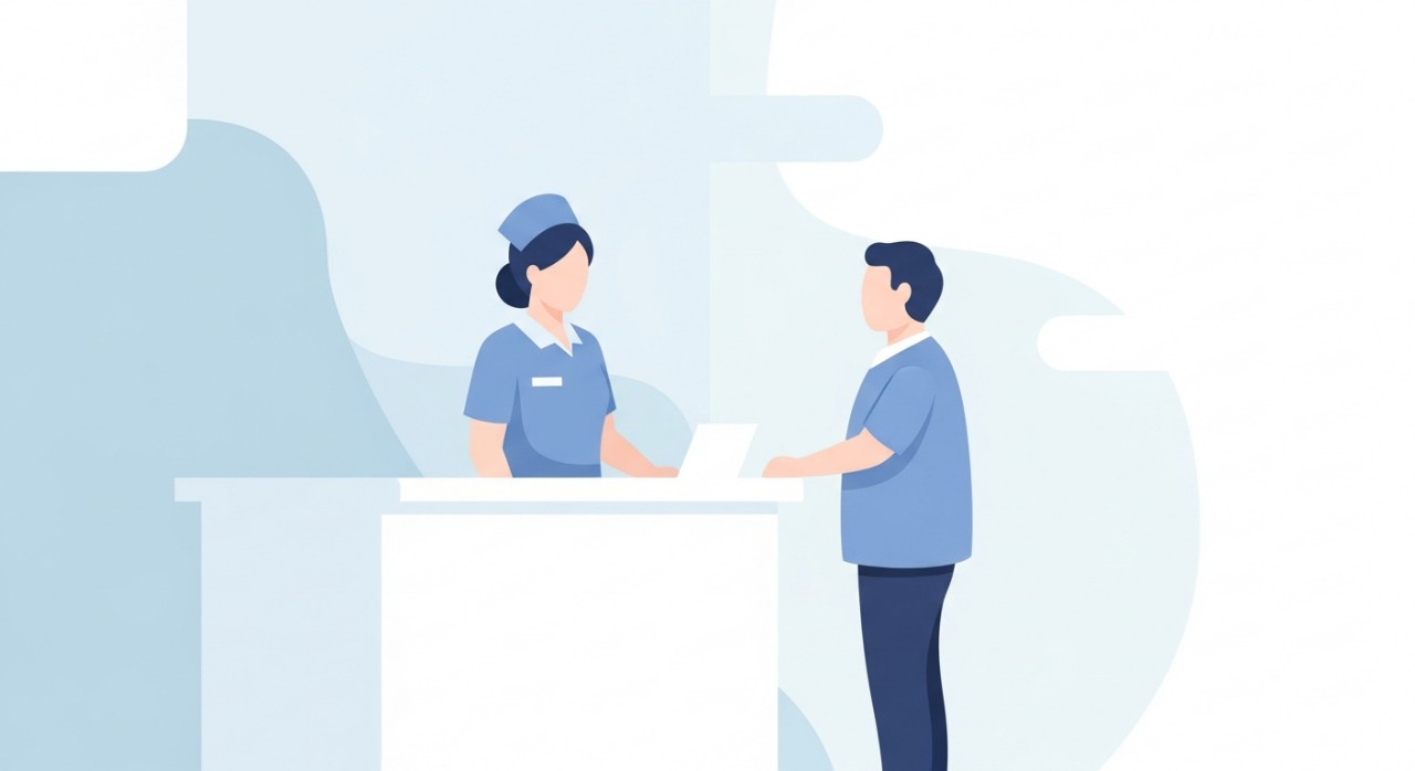 Jururawat sedang berbincang dengan pesakit di kaunter pendaftaran.