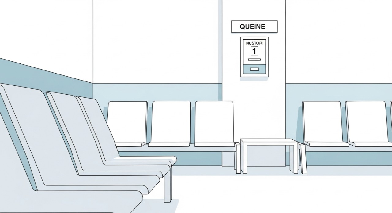 Beberapa orang awam sedang duduk menunggu giliran di ruang menunggu klinik yang bersih.