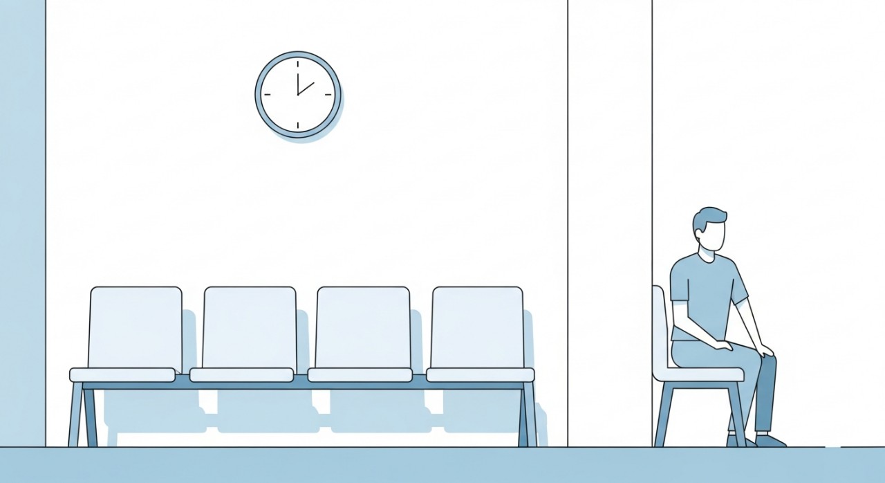 Beberapa orang sedang duduk di kerusi ruang menunggu klinik komuniti yang bersih dan tenang.