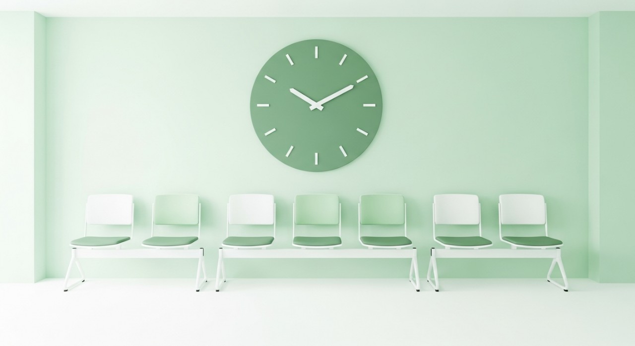 Kerusi panjang kosong di ruang menunggu Klinik Desa yang bersih dan sederhana.