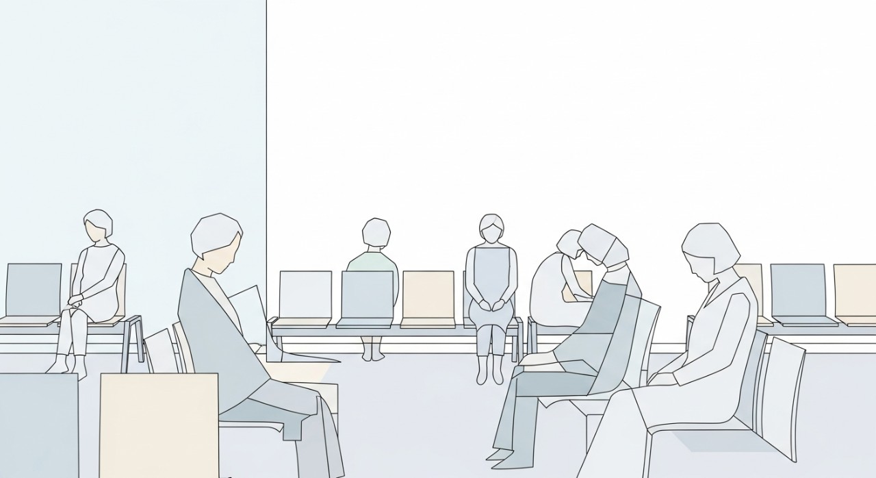 Kawasan tempat duduk menunggu yang tenang dan bersih di dalam klinik kesihatan.