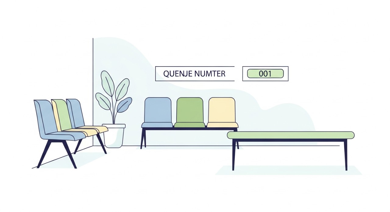 Ruang menunggu hospital yang tenang dengan beberapa tempat duduk kosong.