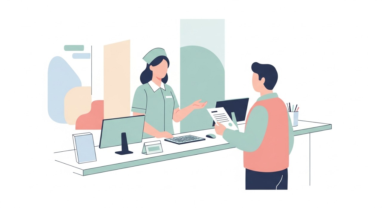Seorang jururawat sedang memberikan penerangan kepada pesakit di kaunter pendaftaran hospital.