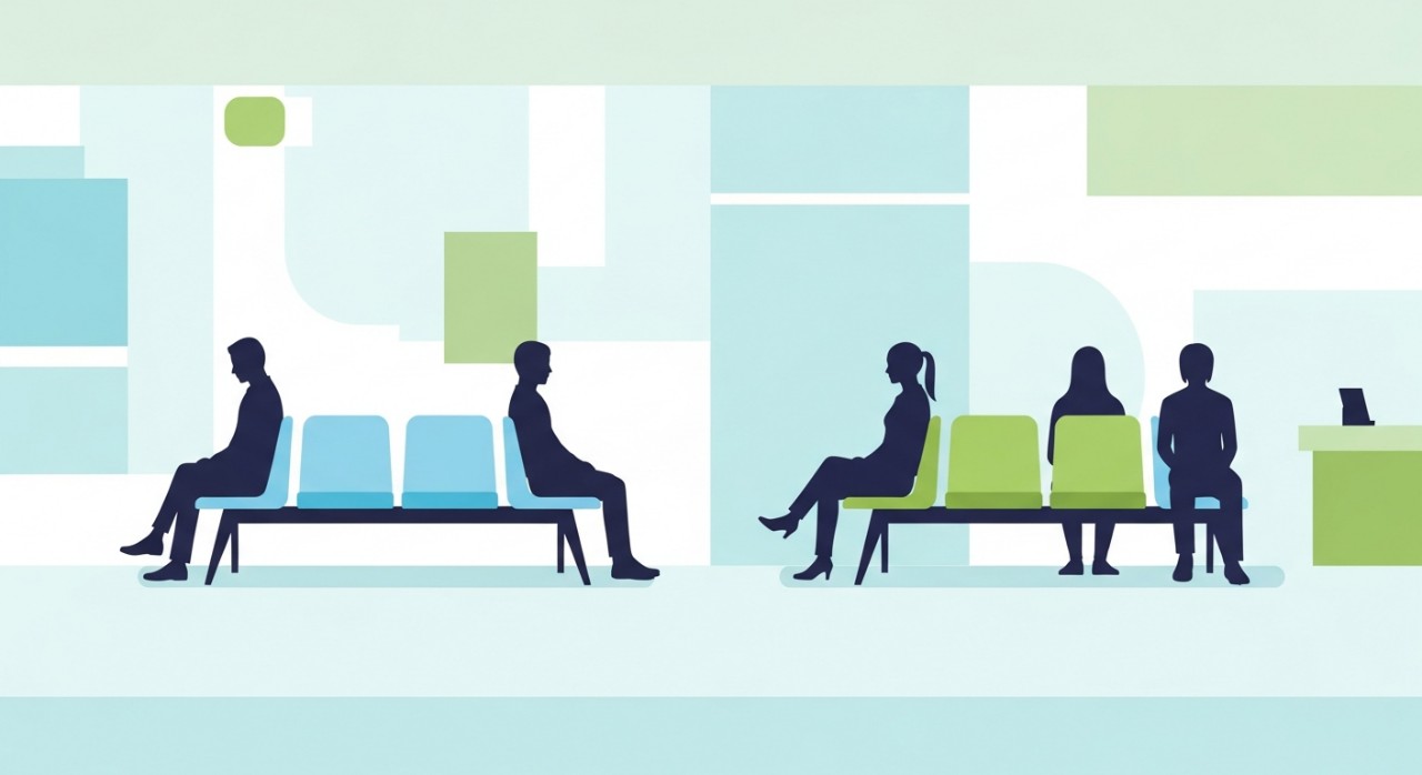 Dua figura dalam reka bentuk minimalis sedang duduk di kerusi ruang menunggu klinik