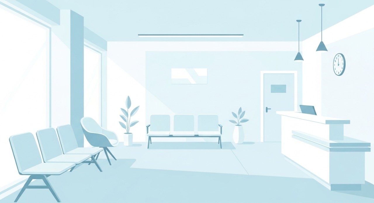 Kawasan menunggu yang bersih dengan beberapa kerusi dan meja penyambut tetamu klinik.