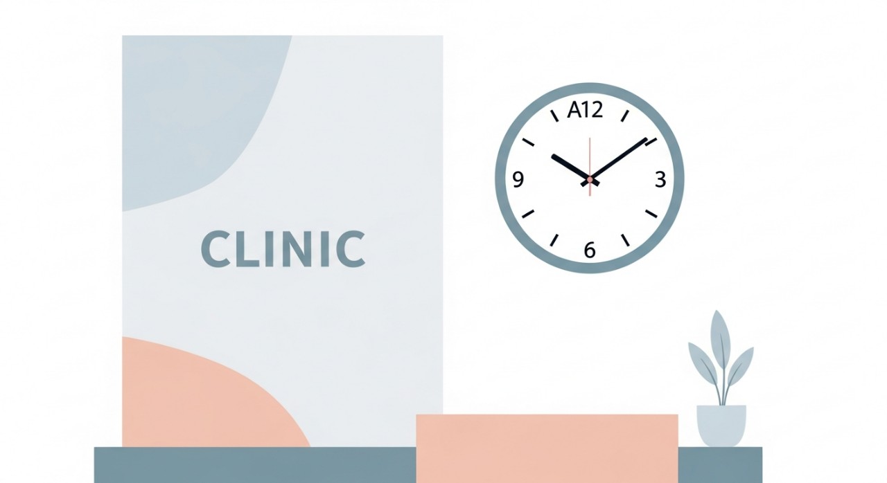 Jam dinding minimalis menunjukkan waktu awal pagi yang menandakan waktu mula operasi.