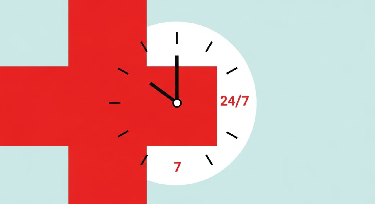 Simbol palang merah dan jam yang menunjukkan perkhidmatan kecemasan yang beroperasi 24 jam.