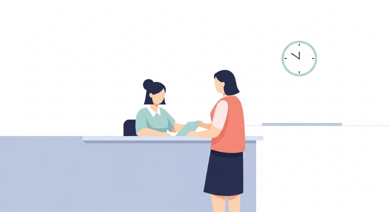 Seorang kakitangan klinik sedang melayan pesakit di kaunter pendaftaran.