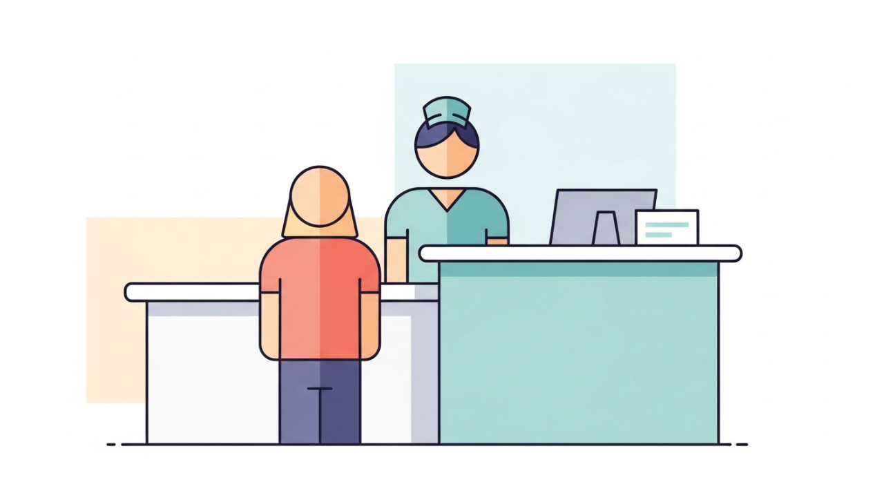 Masa Operasi Hospital Tambunan Terkini 2026 1 Seorang staf hospital minimalis sedang berinteraksi dengan pesakit di kaunter pendaftaran.