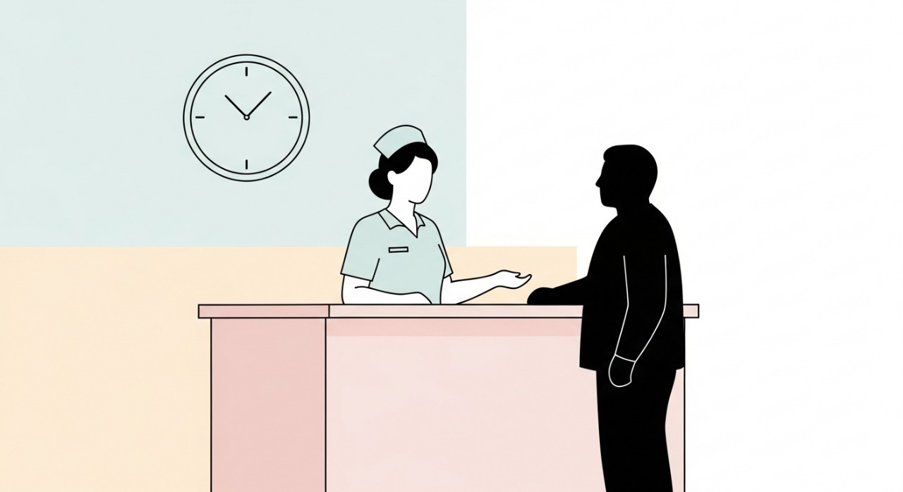 Seorang jururawat sedang membantu proses pendaftaran pesakit di kaunter utama.