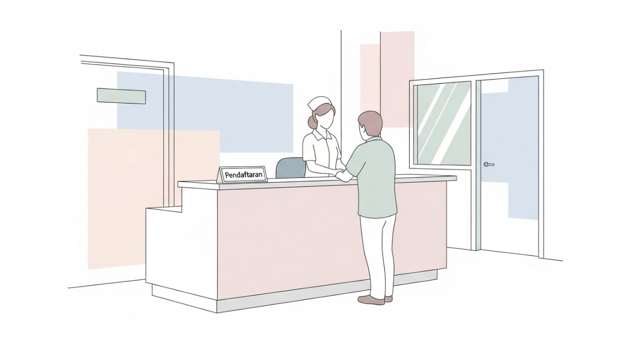 Kaunter pendaftaran di dalam Klinik Kesihatan dengan seorang jururawat sedang membantu seorang pesakit.