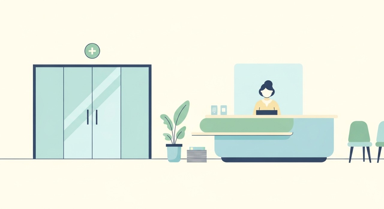 Pintu masuk utama sebuah klinik kesihatan yang cerah dengan beberapa kerusi di ruang menunggu.