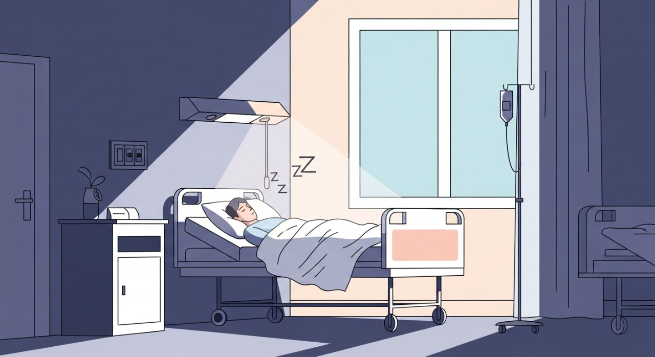 Seorang pesakit sedang berehat dengan tenang di atas katil hospital.