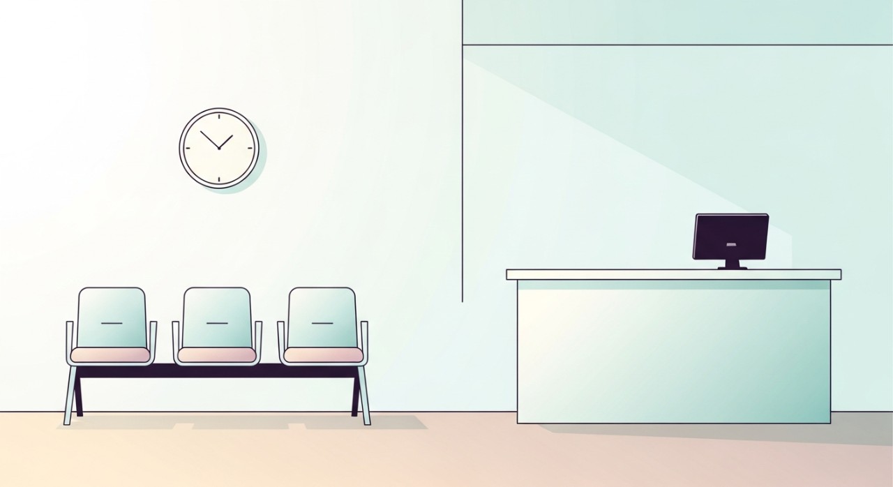 Ruang menunggu klinik yang tenang dengan beberapa kerusi dan meja pendaftaran minimalis.