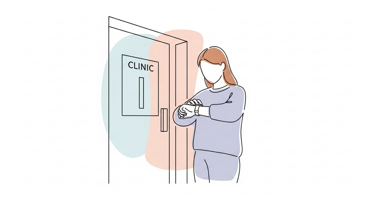 Ikon minimalis jam dinding yang menunjukkan waktu awal pagi di ruang menunggu yang kosong.