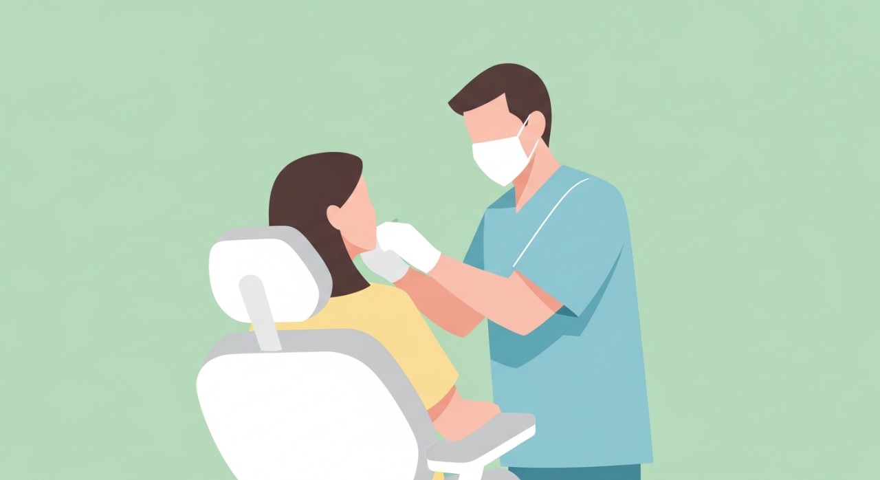 Seorang doktor gigi sedang memeriksa gigi seorang pesakit di kerusi rawatan.